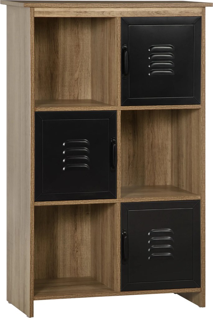 HOMCOM Estante Design Industrial - Móvel de Arrumação 3 nichos 3 compartimentos - Aspeto Madeira com Portas em Metal Preto | Aosom Portugal