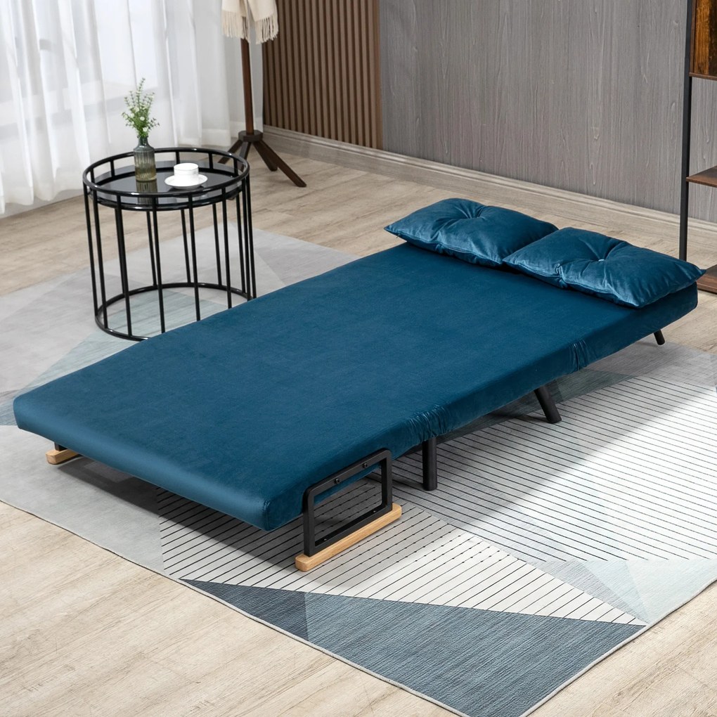 Sofá Cama Sofá Convertível em Cama de 2 Lugares Dobrável com Encosto Ajustável em 5 Níveis e 2 Almofadas 102x73x81 cm Azul