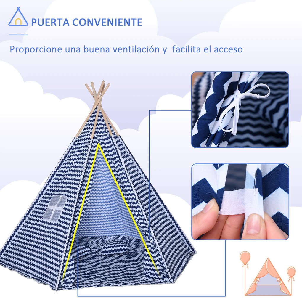 HOMCOM Tenda Infantil Tipi infantil estilo indiano com janela para cobrir o piso e 2 almofadas Bolsa de transporte 200x200x170 cm Azul