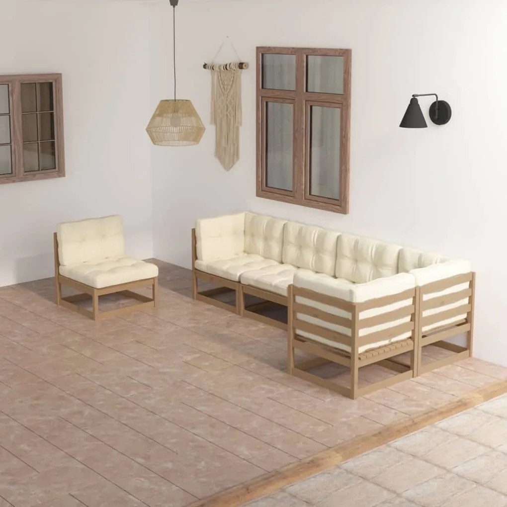 6 pcs conjunto lounge de jardim com almofadões pinho maciço