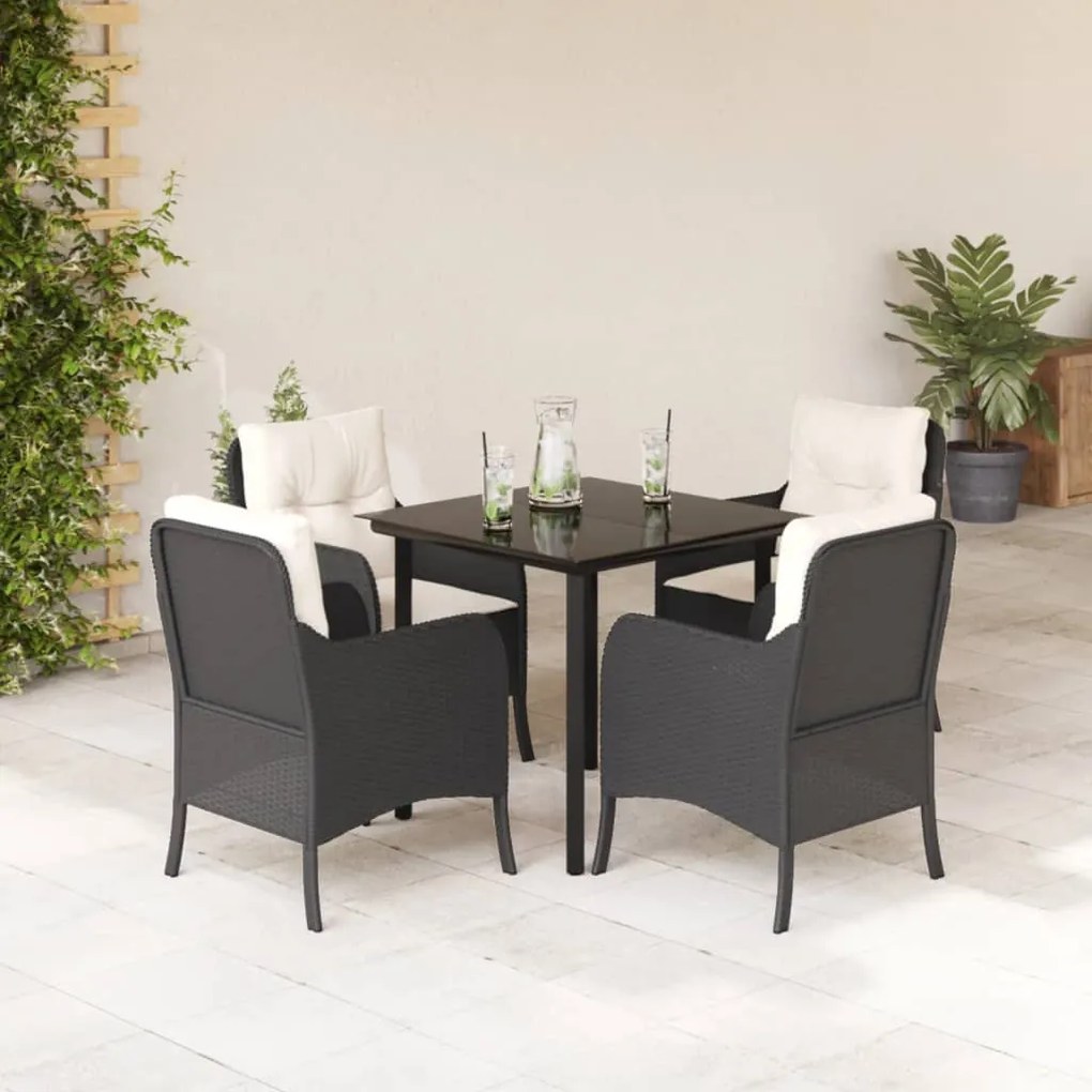 5 pcs conjunto de jantar p/ jardim c/ almofadões vime PE preto