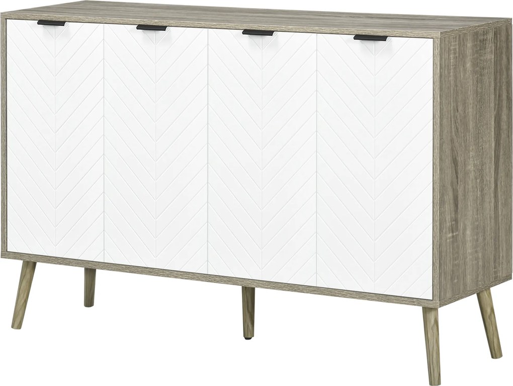 Aparador cozinha baixo 120 x 35 x 77,4 cm com 2 armários de 4 portas, padrão em espinha, prateleiras ajustáveis, branco e cinzento