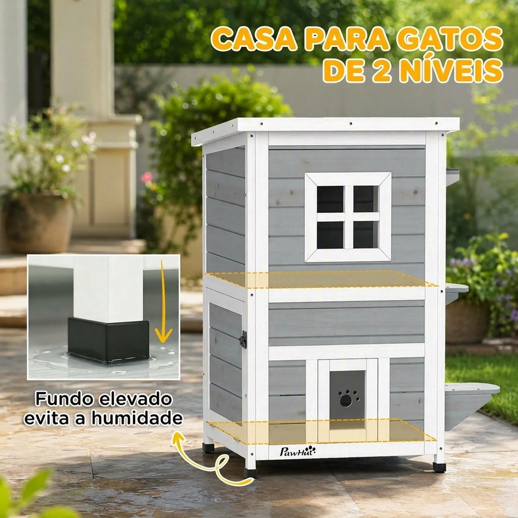 Casota Exterior para Gatos em Madeira de 2 Níveis com Telhado Basculante, Plataformas de Salto e Portas, 51x51x81,3 cm, Cinzento