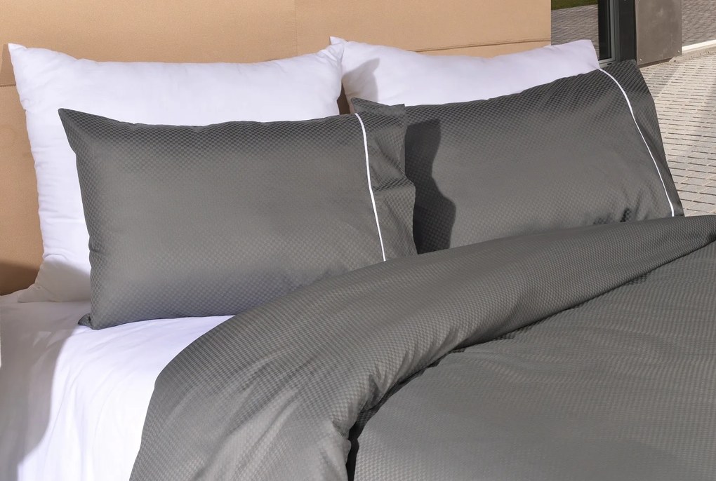 Jogo saco de edredão cetim 300 fios anthracite - Quadradinhos em jacquard: Para cama 180cm - 1 saco edredão 260 x 240 cm + 2 fronhas almofada 50x70 cm