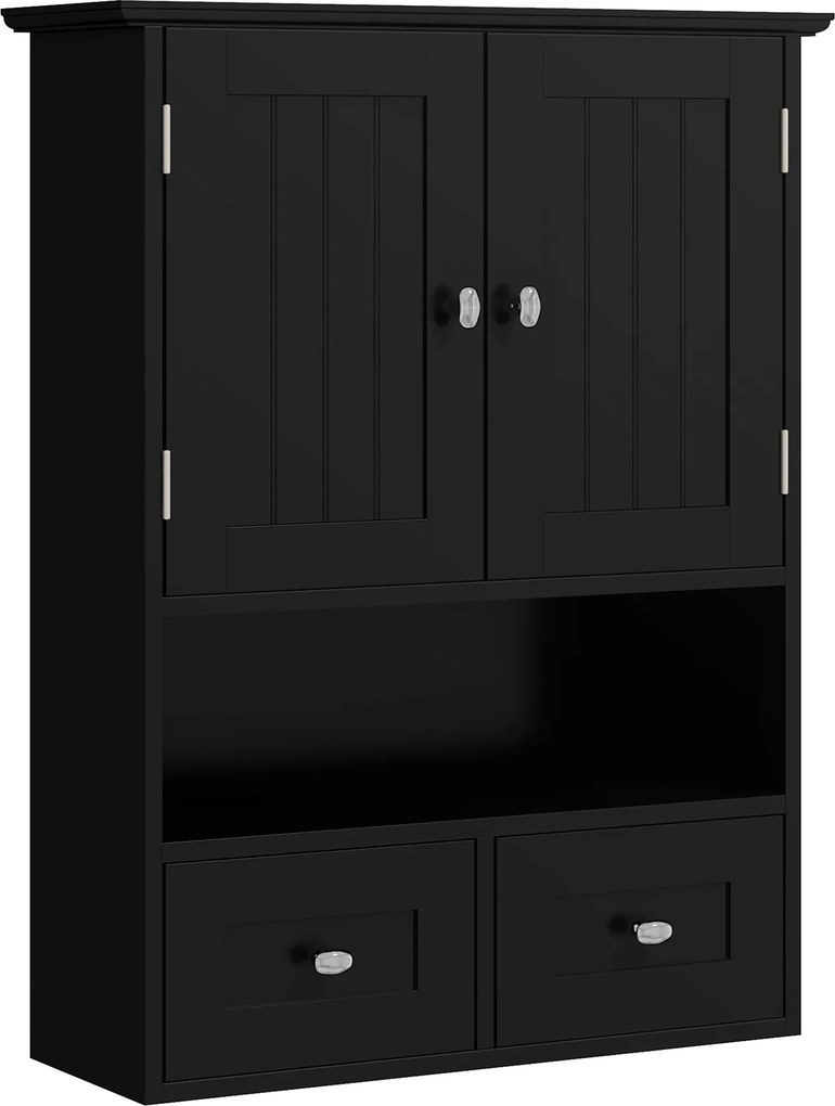 kleankin Armário de Parede para Casa de Banho com 2 Portas Prateleira Aberta e 2 Gavetas Estilo Moderno 50,8x17,8x66 cm Preto | Aosom Portugal