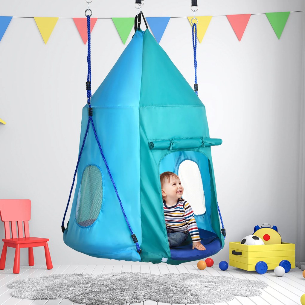 Baloiço em forma de ninho de pássaro com tenda amovível, Ø 100 cm, carga máxima de 150 kg, corda ajustável em altura de 120 a 180 cm, azul