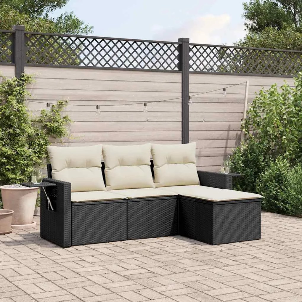 4 pcs conjunto de sofás para jardim c/ almofadões vime PE preto