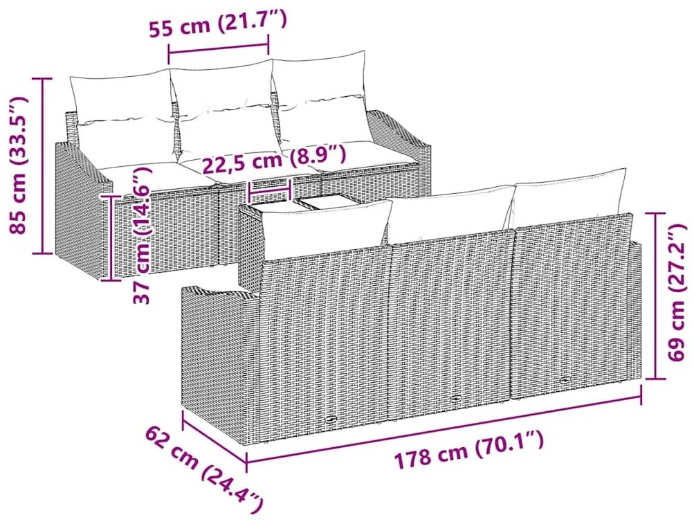 Conjunto de Sofá de Jardim de 7 Peças com Almofadas Bege Rattan Poliés