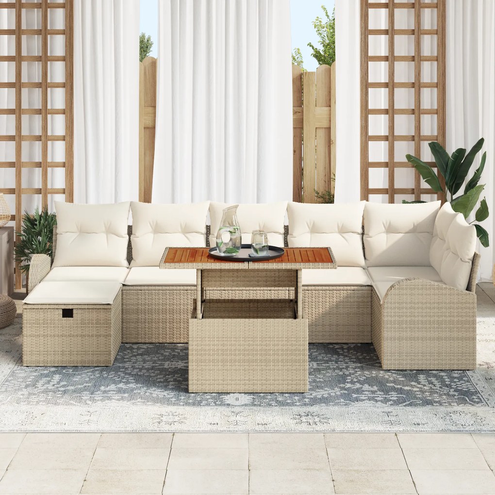 Conjunto de Sofá de Jardim 8 Peças com Almofadas Bege de Rattan