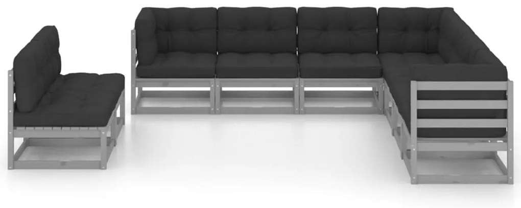 9pcs conjunto lounge de jardim c/ almofadões pinho maciço cinza