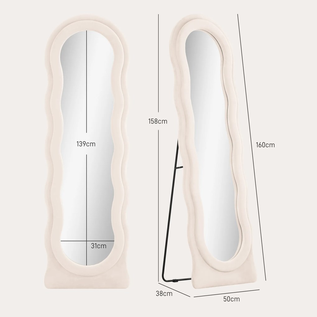 Espelho de Pé 50x160 cm Espelho de Corpo Inteiro ou de Parede com Desenho Assimétrico e Estrutura de Veludo Creme