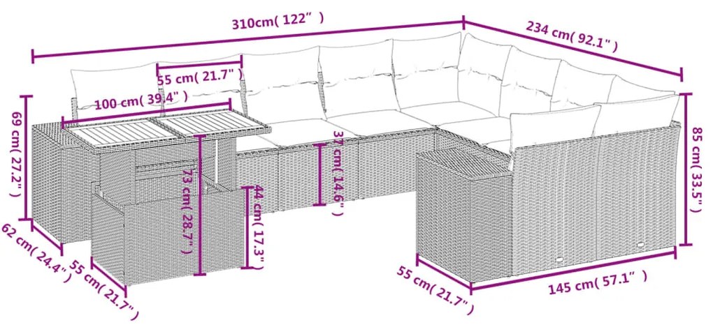 10 pcs conjunto sofás de jardim c/ almofadões vime PE preto