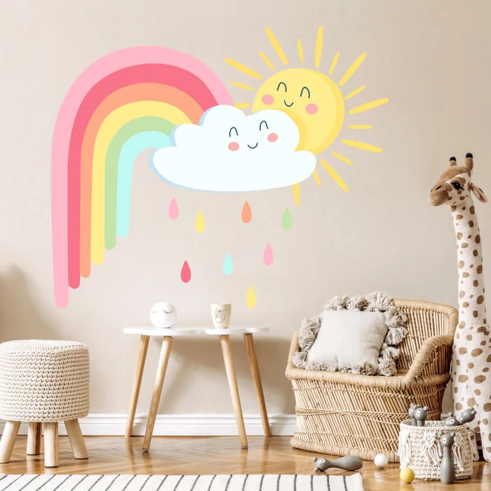 Autocolante de parede para crianças – Sol alegre e arco-íris