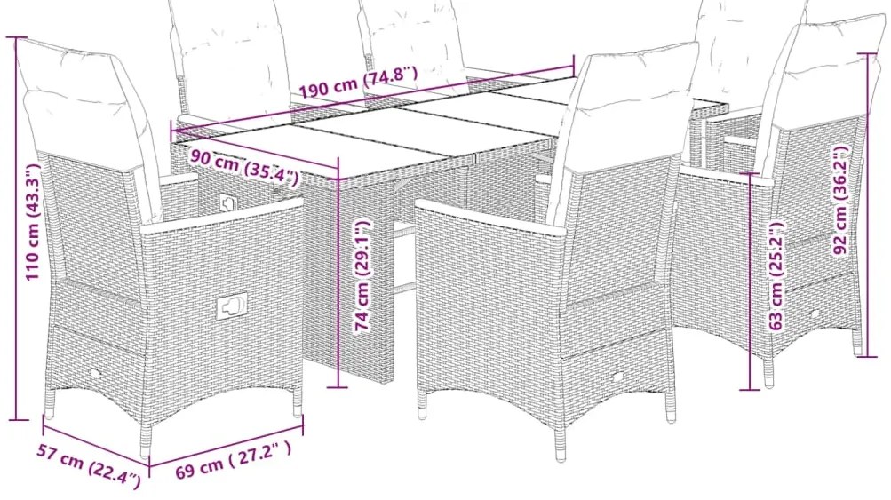 7 pcs conjunto de jantar p/ jardim c/ almofadões vime PE cinza