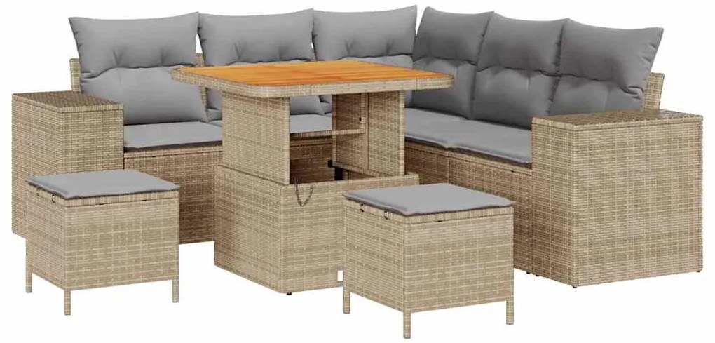 Conjunto de Sofá de Jardim 8 Peças com Almofadas Bege, Rattan, Poliést