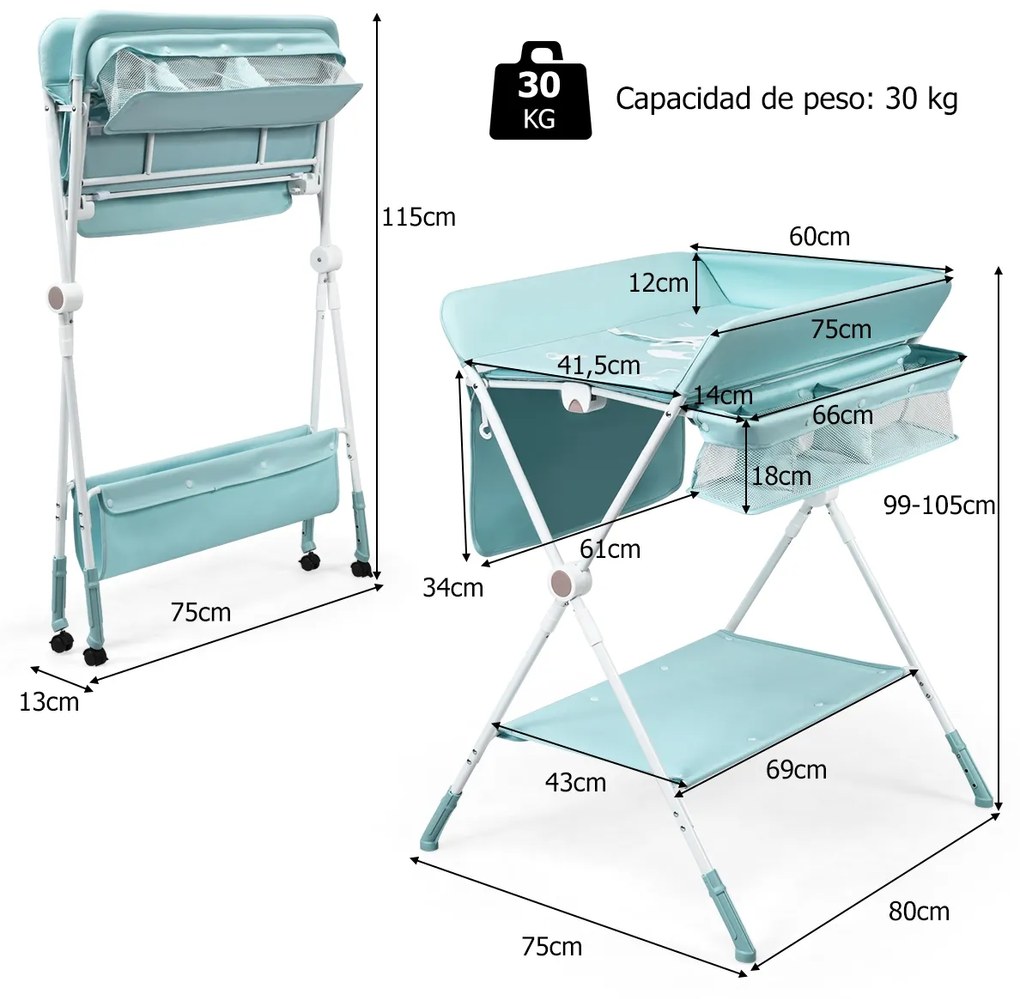 Trocador de fraldas portátil e dobrável para crianças com altura ajustável e 4 rodas flexíveis 75 x 80 x 105 cm Azul