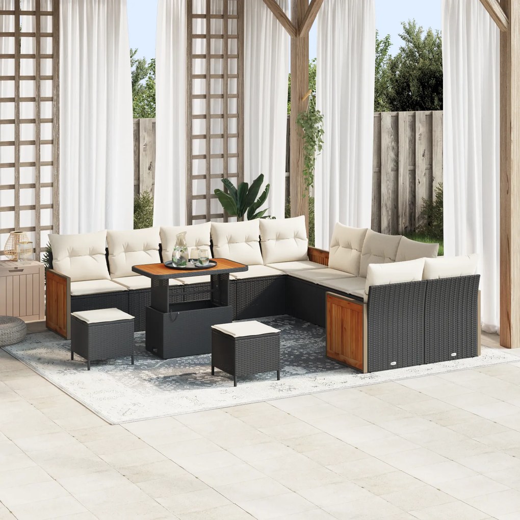vidaXL Conjunto de Sofá de Jardim de 13 Peças com Almofadas Rattan Poliéster Preto Acácia