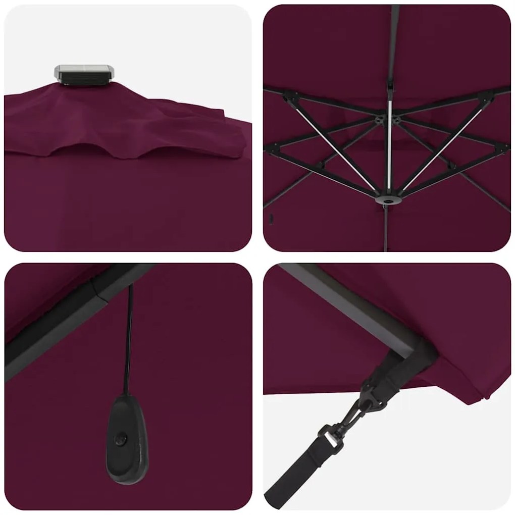 Guarda-Sol Cantilever Roma com LEDs Vermelho Bordeaux, 286 x 285 x 270