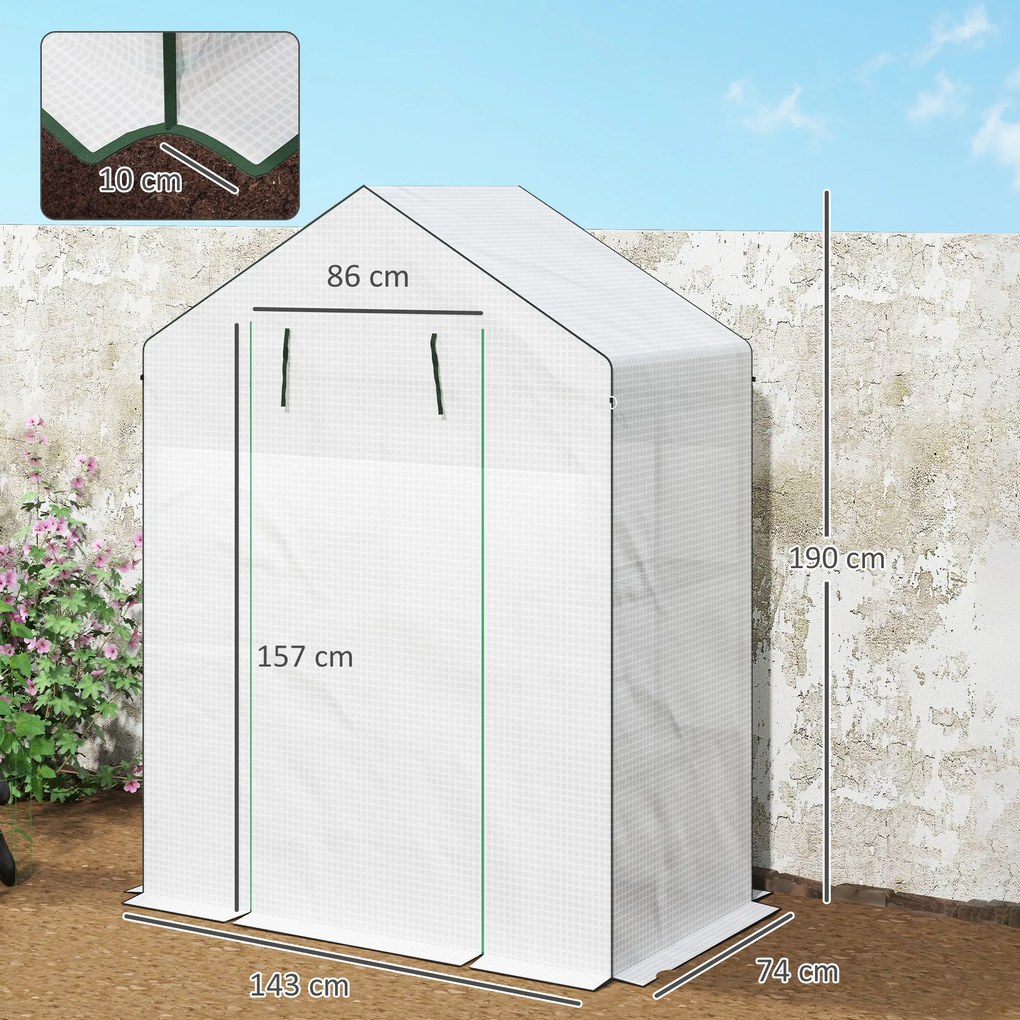 Estufa de Jardim Pequena de 3 Níveis com 6 Prateleiras Porta Enrolável e Capa de PE 143x74x190 cm Branco