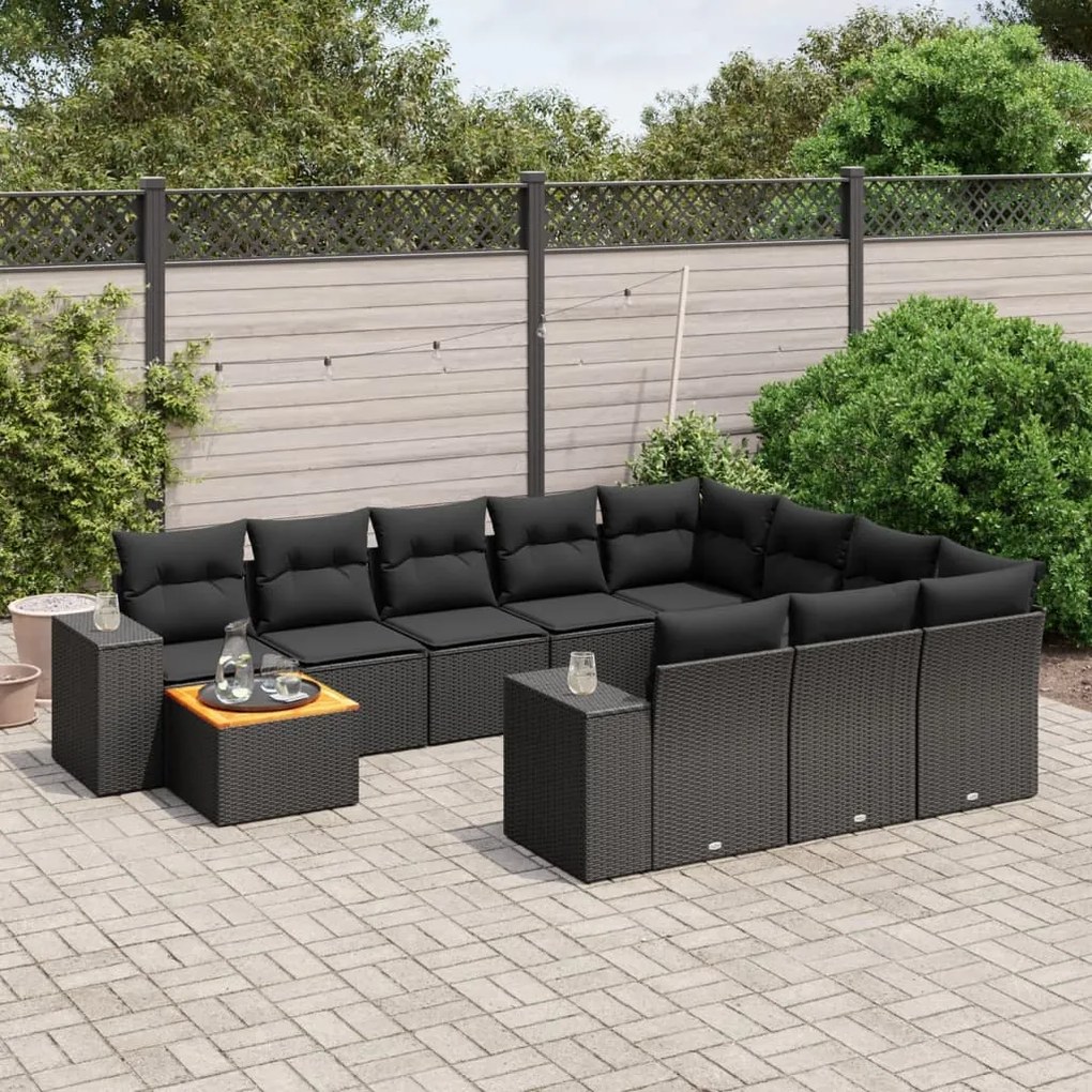 11 pcs conjunto sofás de jardim c/ almofadões vime PE preto