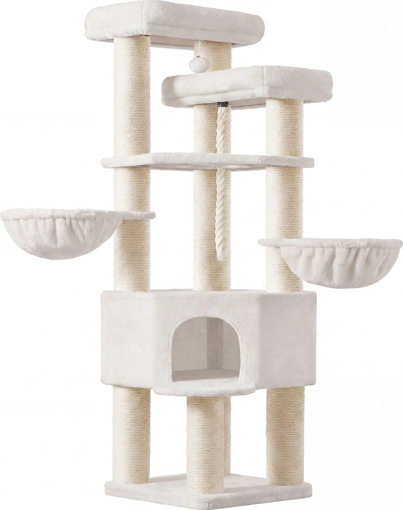 Arranhador para gatos 55 x 55 x 186,7 cm, árvore para gatos de vários andares, troncos grossos de sisal Branco creme