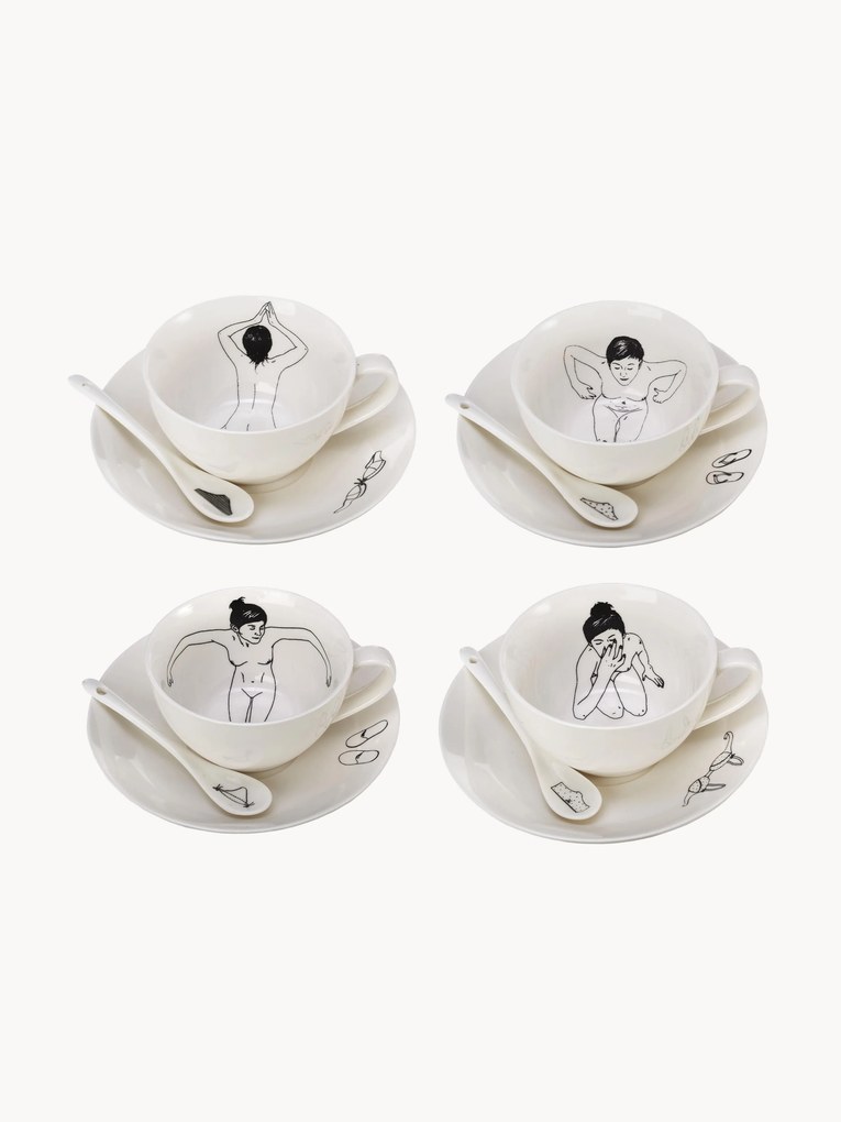 Chávenas de café pintadas à mão com pires e colheres Undressed, conjunto de 4