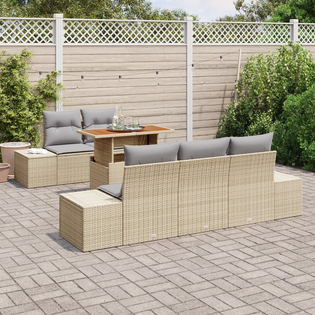Conjunto de Sofá de Jardim de 6 Peças com Almofadas Bege Rattan Poliés
