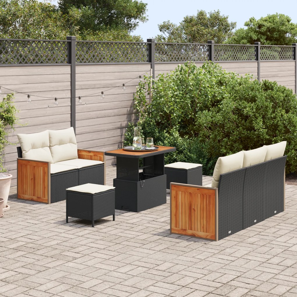 Conjunto de Sofá de Jardim de 8 Peças com Almofadas Preto Rattan Acáci