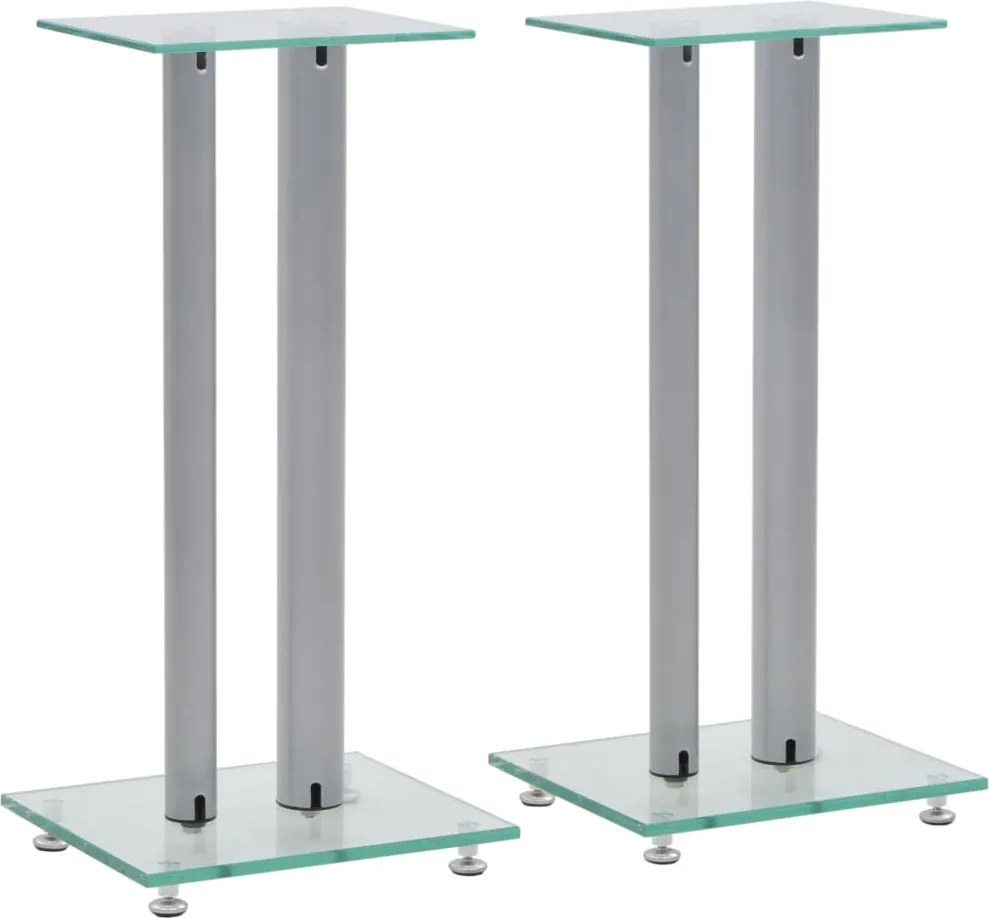 vidaXL Suportes colunas 2pcs vidro temperado design 2 pilares prateado