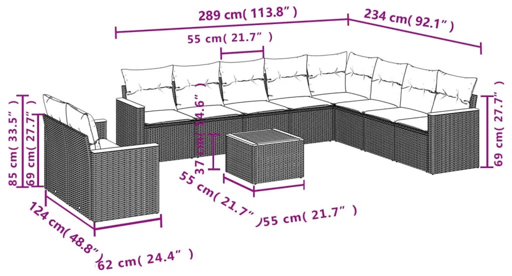 11 pcs conjunto sofás de jardim c/ almofadões vime PE bege
