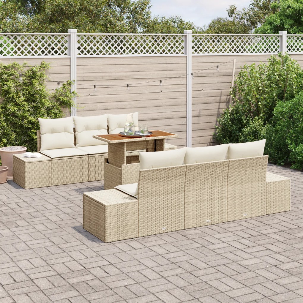 Conjunto de Sofá de Jardim 7 Peças com Almofadas em Bege Polirattan