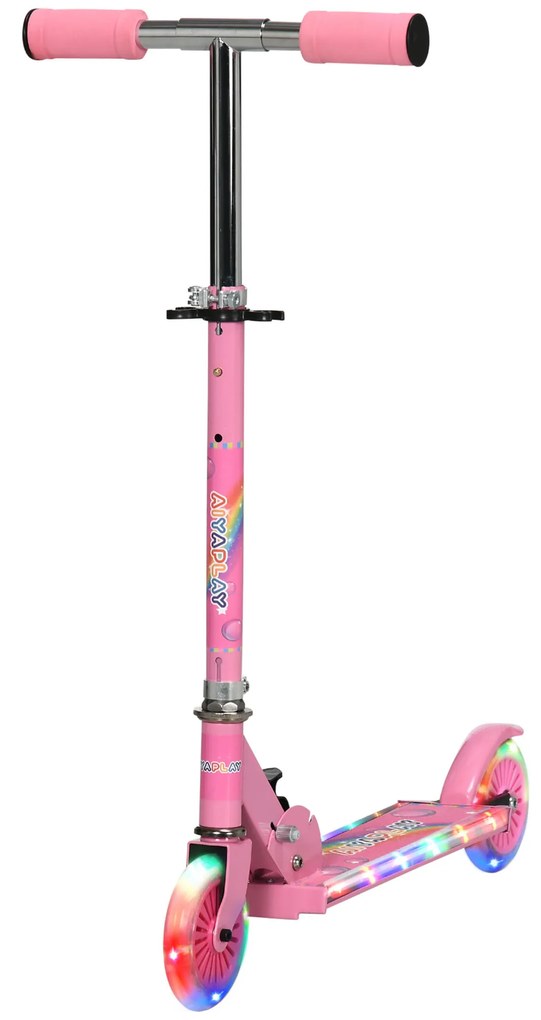 HOMCOM Trotinete Infantil Dobrável com Luzes LED Música Alturas Ajustáveis Rodas Iluminadas Pedal LED 67x60x63-76 cm Rosa