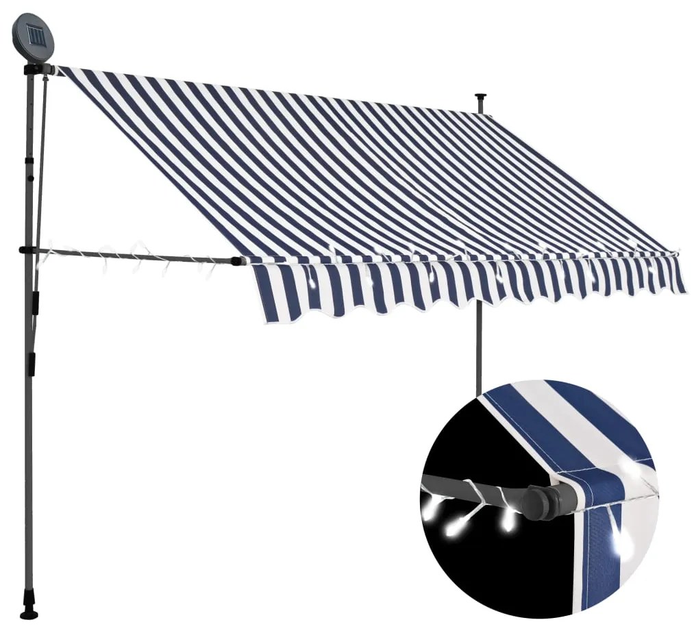 vidaXL Toldo retrátil manual com LED 250 cm azul e branco