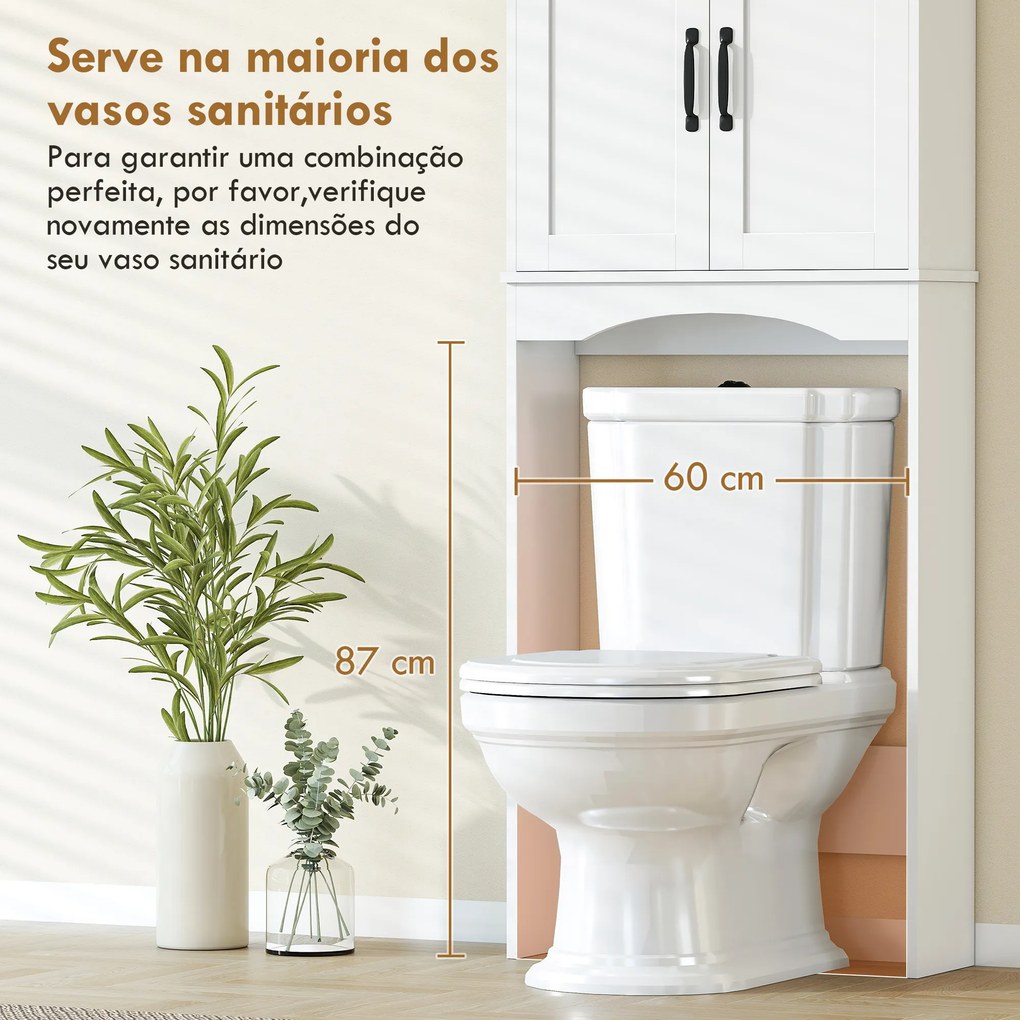 Armário sobre a Sanita, Móvel de Casa de Banho com 2 Portas de Fecho Suave e Prateleira Aberta, 64 x 21 x 173,5 cm, Branco