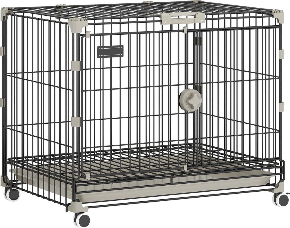 PawHut Gaiola para Cães Dobrável com Rodas, Tabuleiro Amovível, Porta Deslizante e Teto Rebatível 60,5x45,5x54,5 cm Preto | Aosom Portugal
