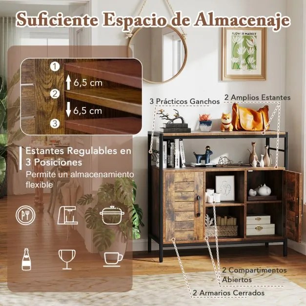 Aparador Armário 84 x 35 x 80 cm com 2 Portas Compartimentos Abertos Estantes Ajustáveis para Cozinha Sala de Jantar Castanho Rústico + Preto