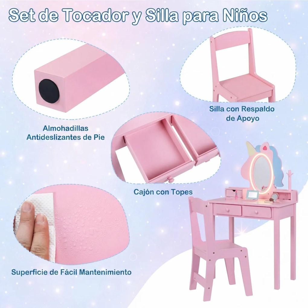 Conjunto de Toucador Infantil com Espelho de Unicórnio e Cadeira, 59 x 35 x 103 cm, Iluminação LED Ajustável, Rosa