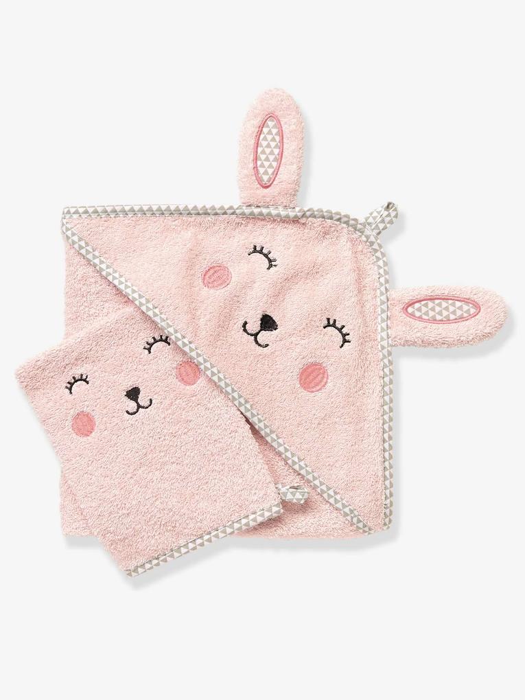 Capa de banho para bebé com capuz com bordado animais rosa
