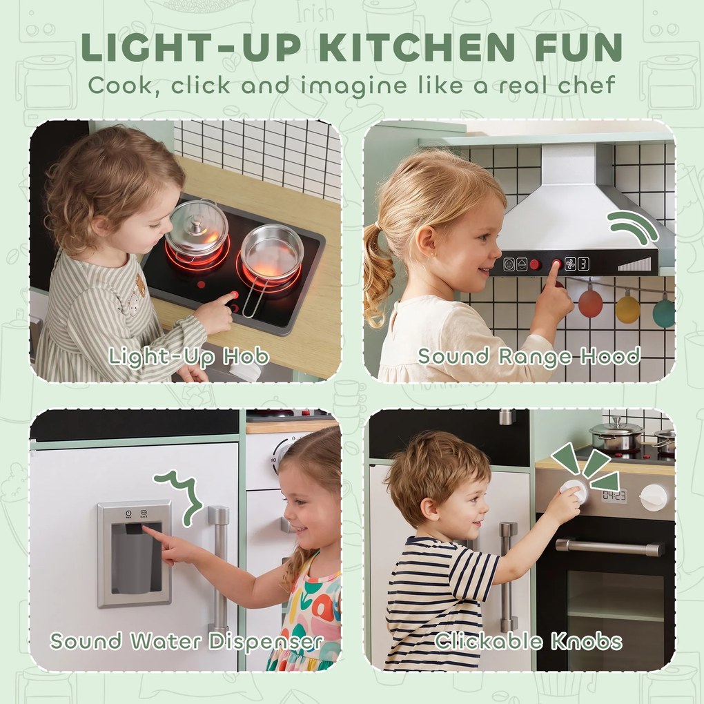 Cozinha infantil de brincar 160 x 32 x 97,5 cm, micro-ondas, forno, tabuleiro giratório com Rodas, verde claro