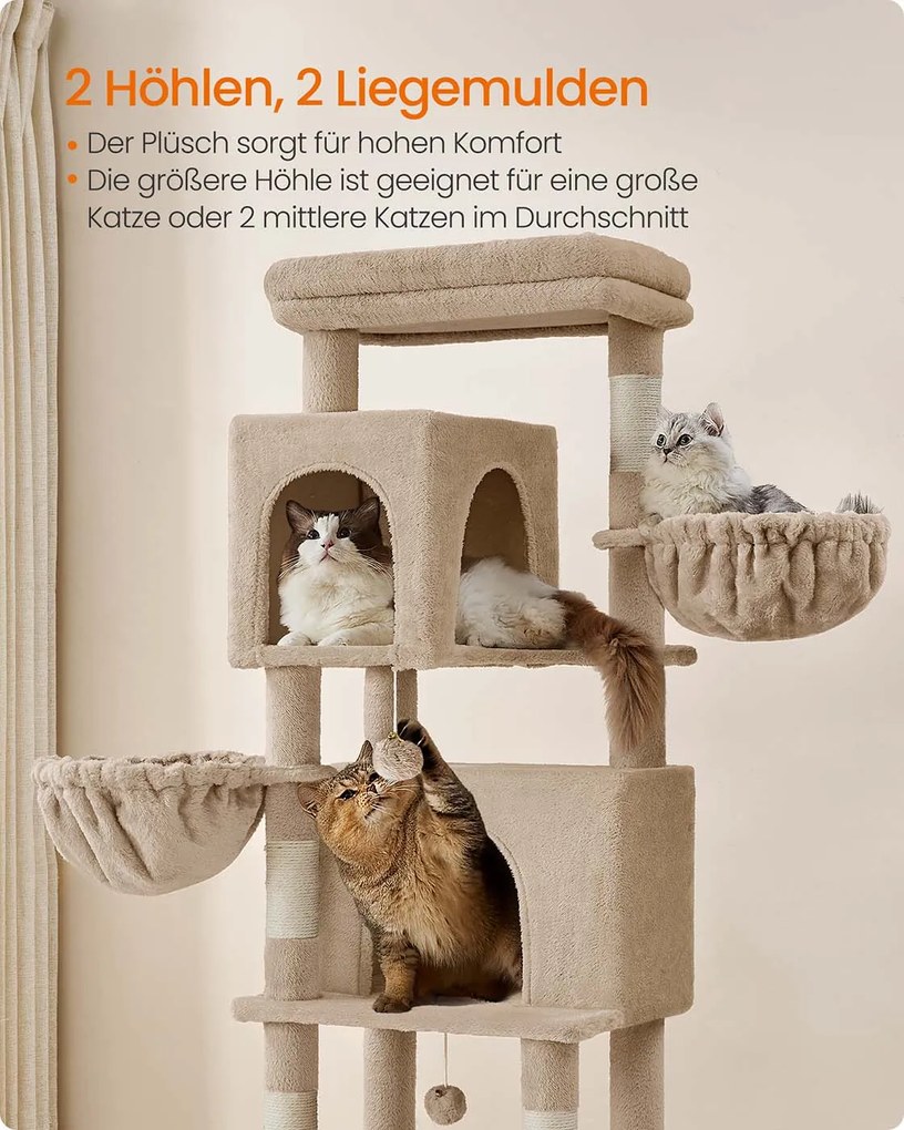 Arranhador para gatos com 175 cm de altura, 2 cavernas e 2 cavidades para descansar castanho camelo