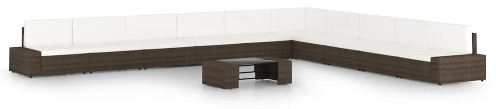 11 pcs conjunto lounge p/ jardim c/ almofadões vime PE castanho