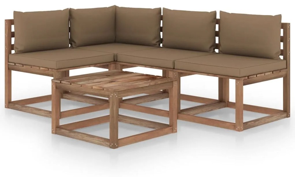 5 pcs conjunto lounge p/ jardim c/ almofadões cinza-acastanhado