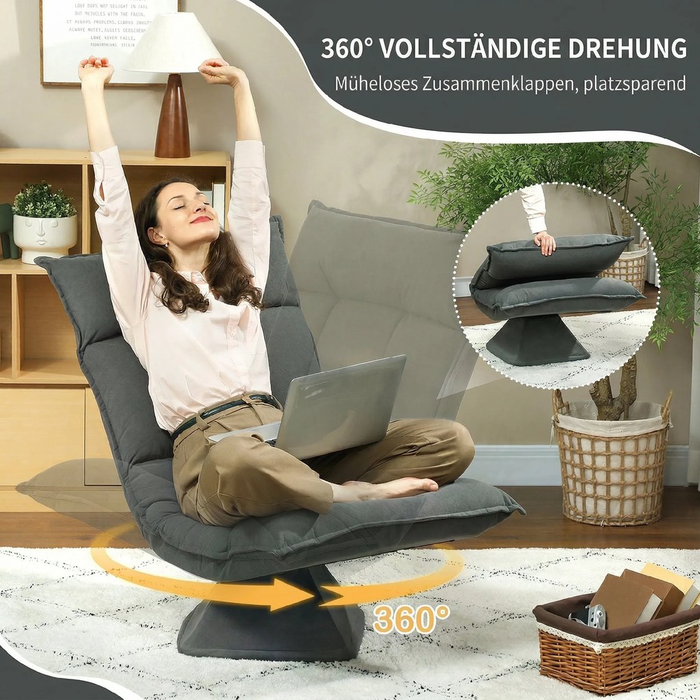 Cadeira de chão giratória a 360°, cadeirão dobrável em veludo com encosto ajustável em 5 posições, 70 x 62 x 95 cm, cinzento escuro