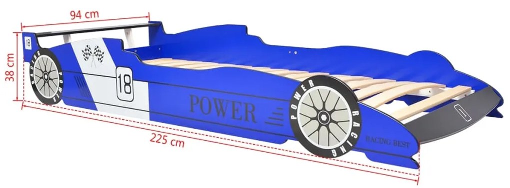 Cama carro de corrida LED para crianças 90x200 cm azul