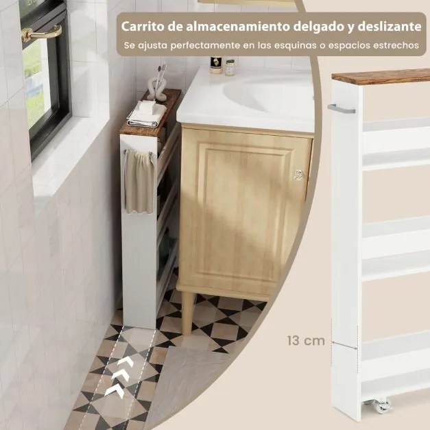 Carrinho de arrumação estreito para cozinha com 4 Estantes Rodas 48 x 13 x 81 cm Branco e Castanho Claro