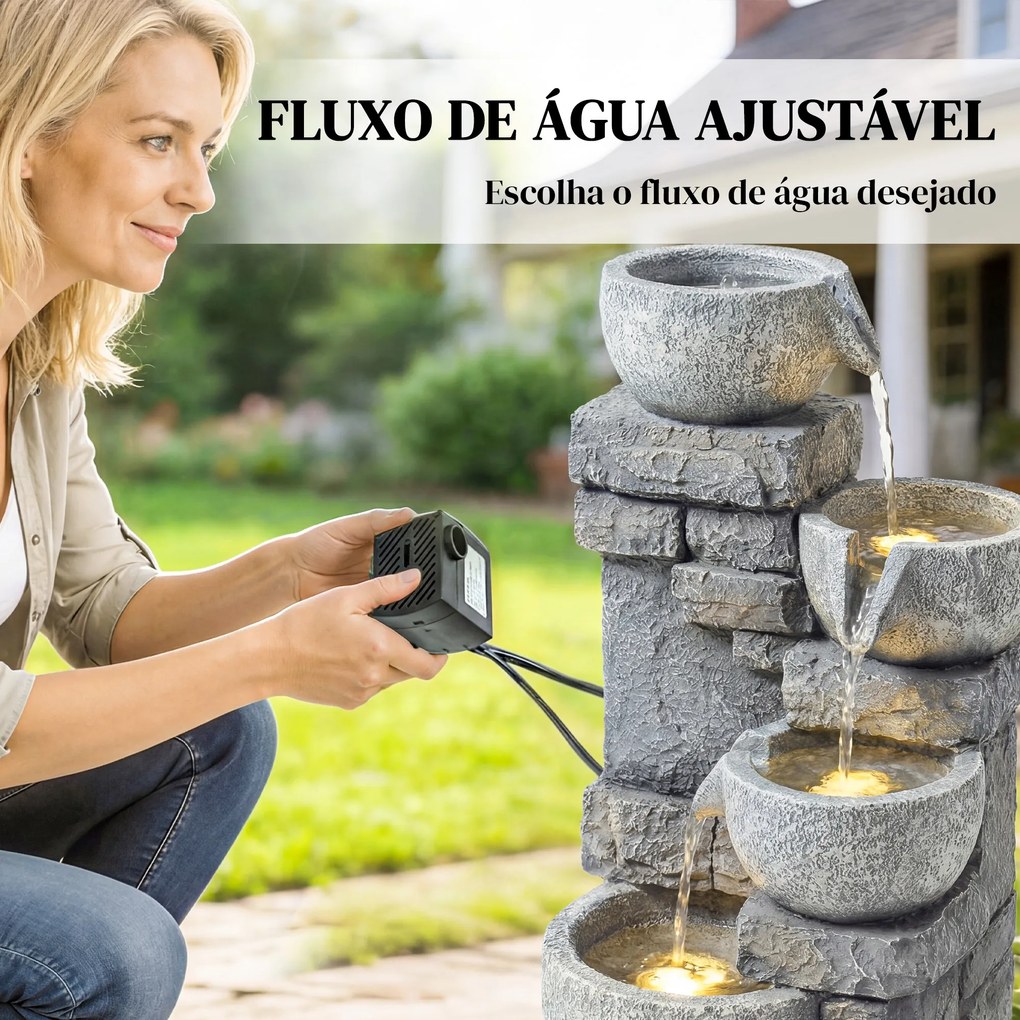 Fonte de Jardim com Iluminação LED e Bomba Decorativa em Cascata de 4 Níveis Fluxo Ajustável, Cinzento