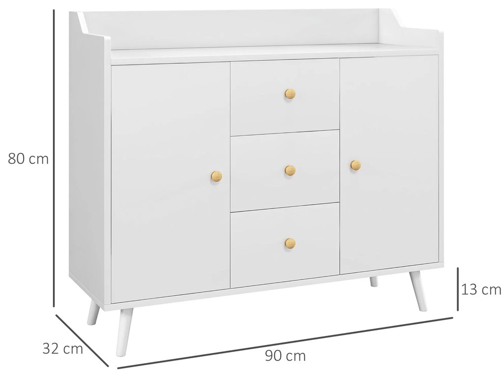 HOMCOM Aparador Sala de Estar Moderno Aparador de Cozinha com 2 Portas 3 Gavetas e Pés de Madeira de Pinho para Sala de Estar Corredor Dormitório 90x32x80 cm Branco