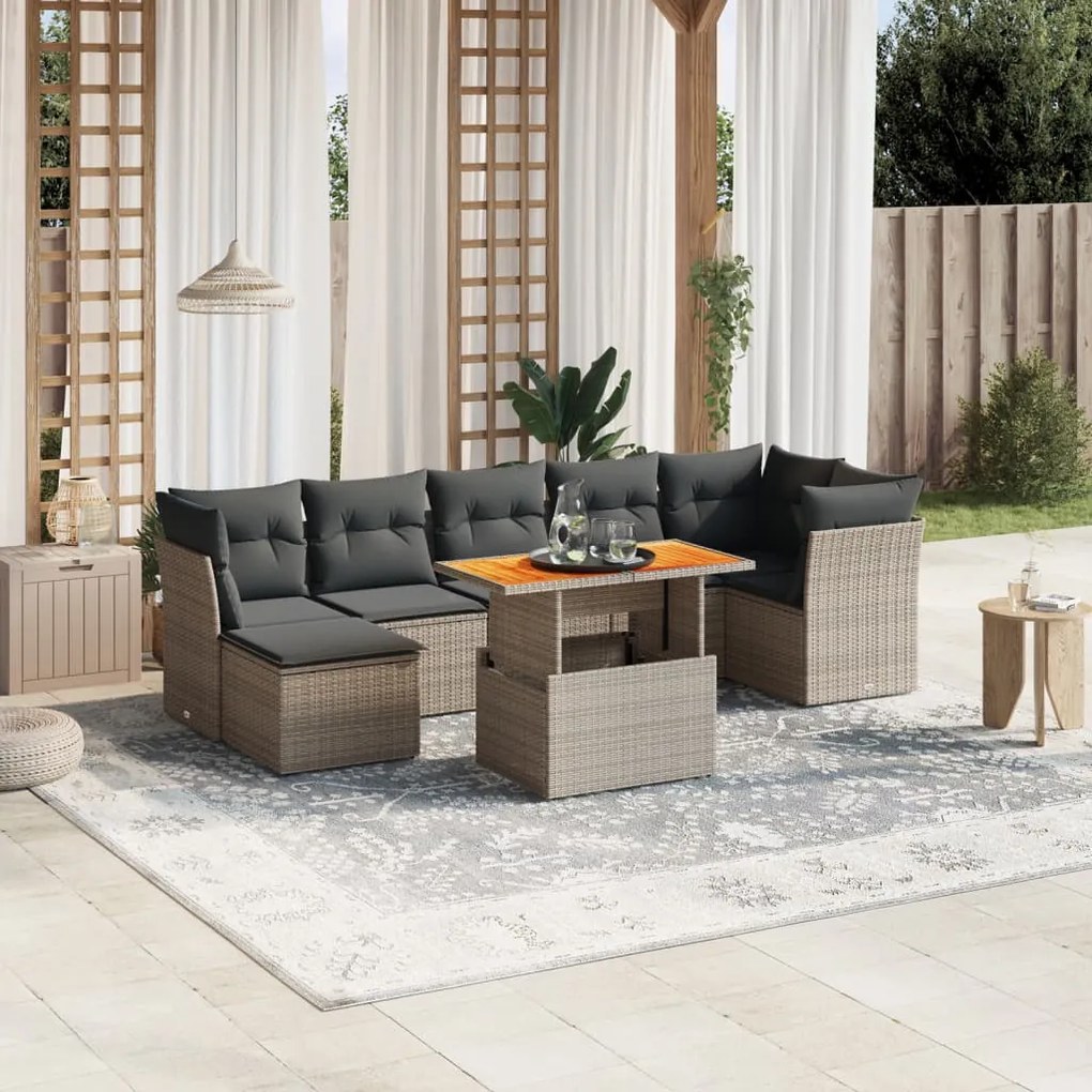 8 pcs conjunto sofás de jardim c/ almofadões vime PE cinzento