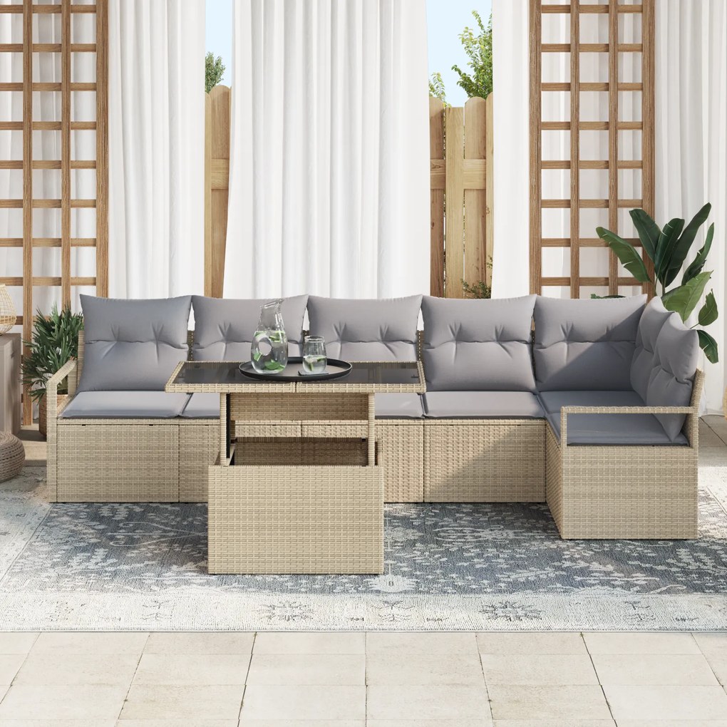 Conjunto de Sofá de Jardim vidaXL de 7 Peças com Almofadas Bege Vime P