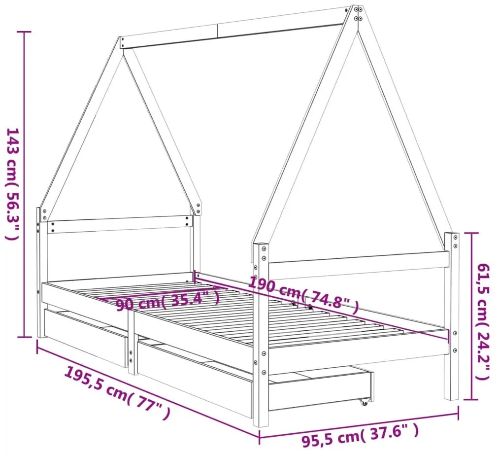 Estrutura de cama infantil c/ gavetas 90x190 cm pinho maciço